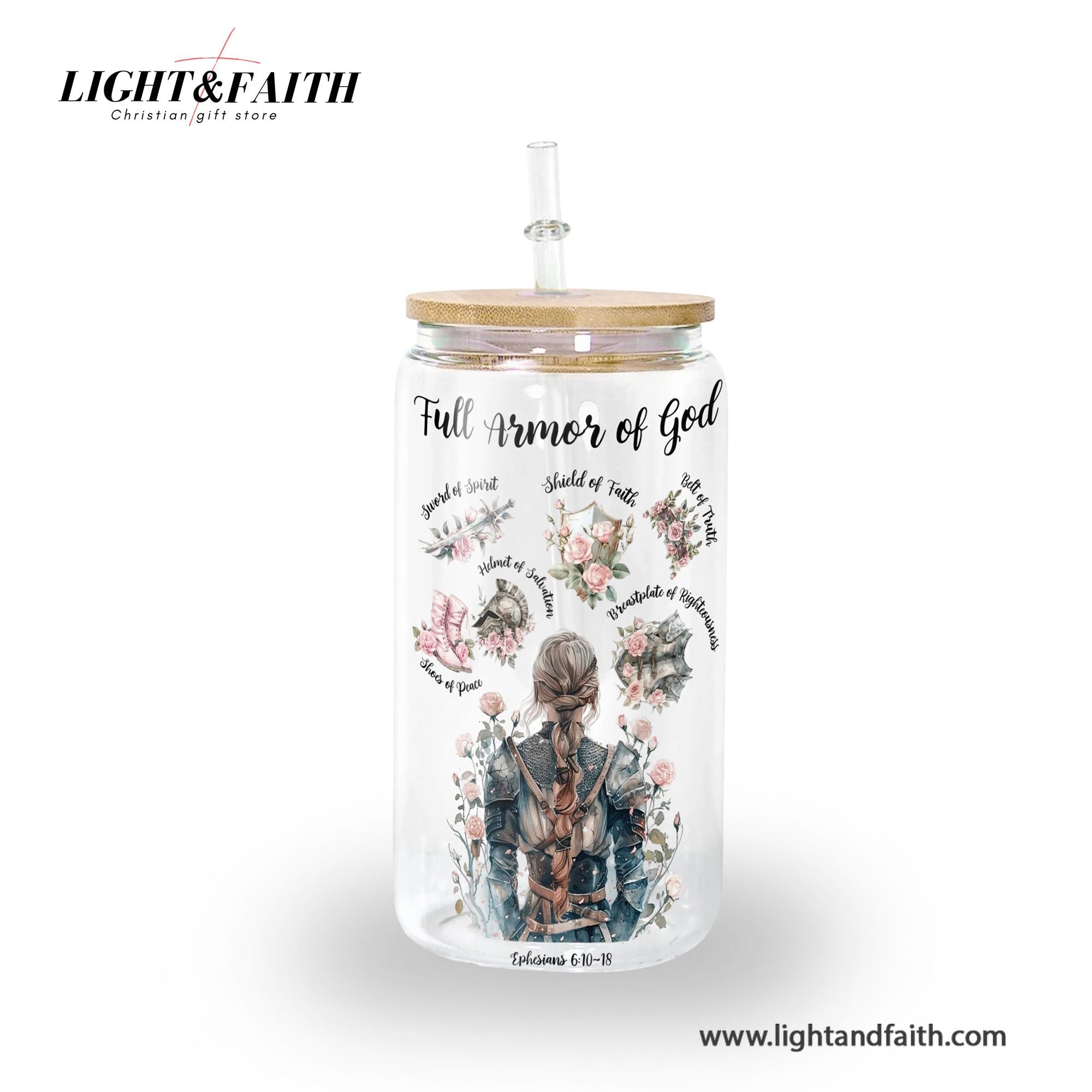 Christian Glass Can with Bamboo Lid and Straw, Full Armor of God Bible Verse Cup, Ephesians 6 Scripture Iced Coffee Tumbler Gift GCLAF41